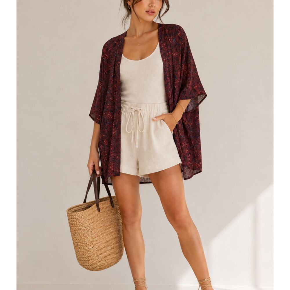 Talula Burgundy Floral Short Sleeve Open Front Kimono Cardigan Sweater Womens M